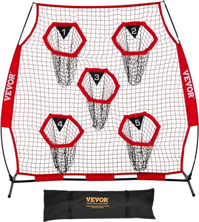 VEVOR 6 x 6 ft Football Trainer Throwing Net, Training Throwing Target Practice Net with 5 Target Pockets, Knotless Net Includes Straps and Portable Carry Case, Improve QB Throwing Accuracy, Red