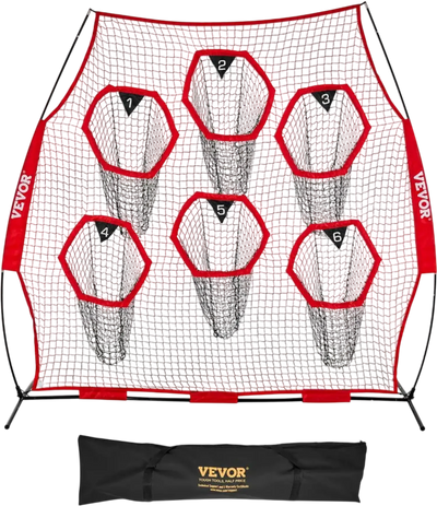 VEVOR 8 x 8 ft Football Trainer Throwing Net, Training Throwing Target Practice Net with 6 Target Pockets, Knotless Net Includes Straps and Portable Carry Case, Improve QB Throwing Accuracy, Red