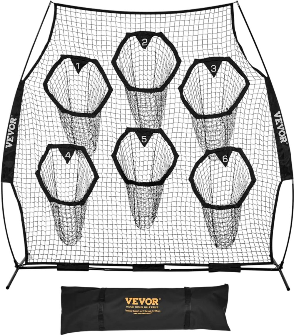 VEVOR 8 x 8 ft Football Trainer Throwing Net, Training Throwing Target Practice Net with 6 Target Pockets, Knotless Net Includes Straps and Portable Carry Case, Improve QB Throwing Accuracy, Black