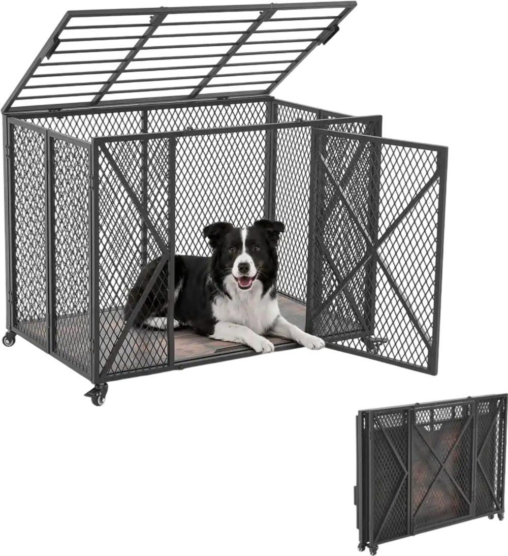 VEVOR 38 Inch Heavy Duty Dog Crate, Max Load 250 lbs, Foldable Indestructible Escape-Proof Dog Kennel Indoor for High Anxiety Small & Medium Breeds, Steel Pet Cage with Double Doors & Lockable Wheels