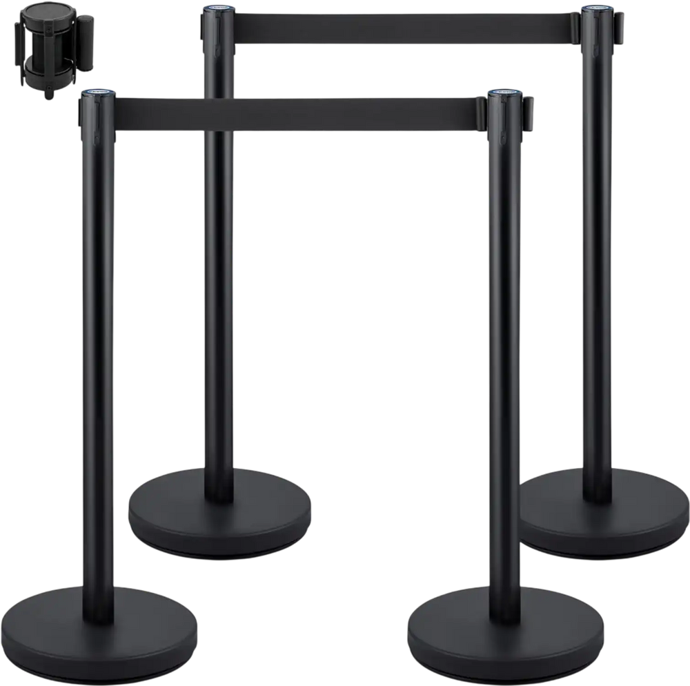 VEVOR Crowd Control Stanchion, Set of 4 Pieces Stanchion Set, Stanchion Set with 6.6 ft/2 m Black Retractable Belt, Black Crowd Control Barrier with Concrete and Metal Base – Easy Connect Assembly