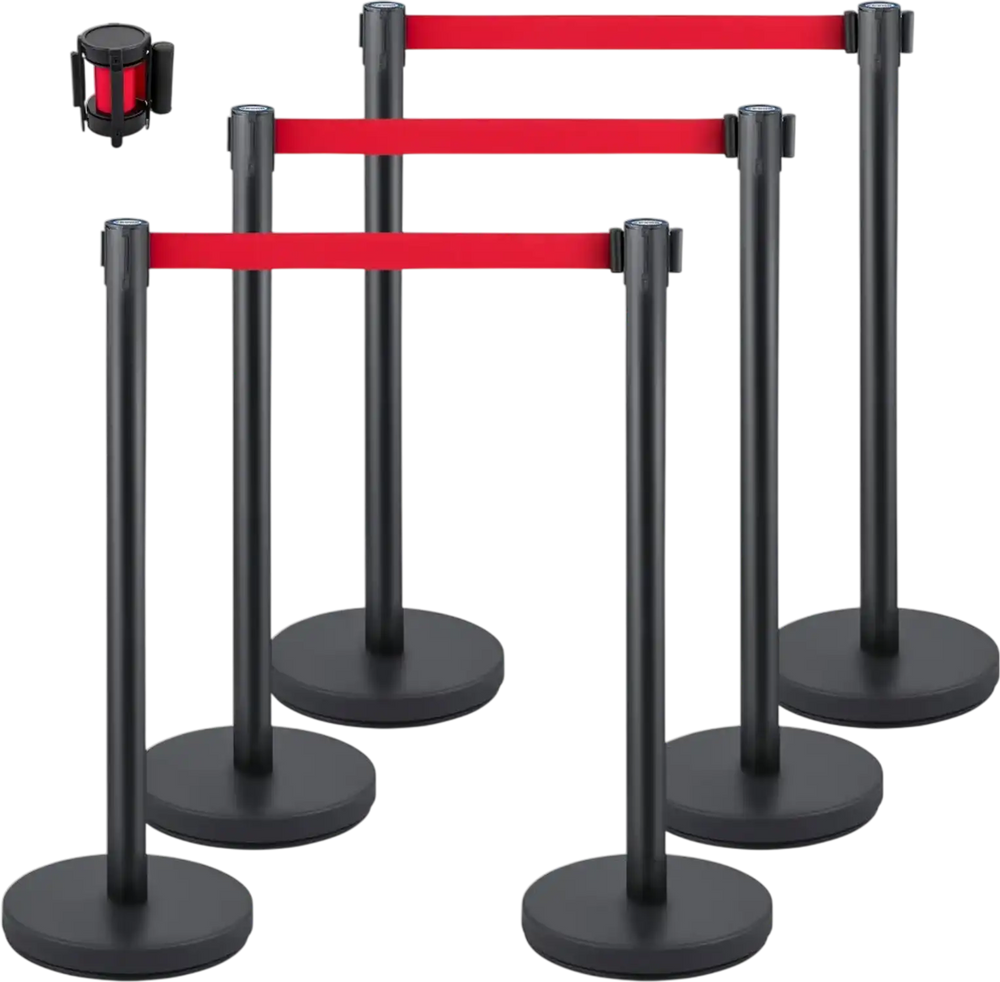 VEVOR Crowd Control Stanchion, Set of 6 Pieces Stanchion Set, Stanchion Set with 6.6 ft/2 m Red Retractable Belt, Crowd Control Barrier with Rubber Base – Easy Connect Assembly for Crowd Control (Blac