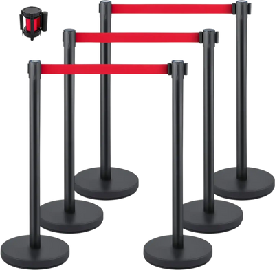 Vevor Stanchion 6-Piece Crowd Control Set with 6.6' Red Retractable Belts New