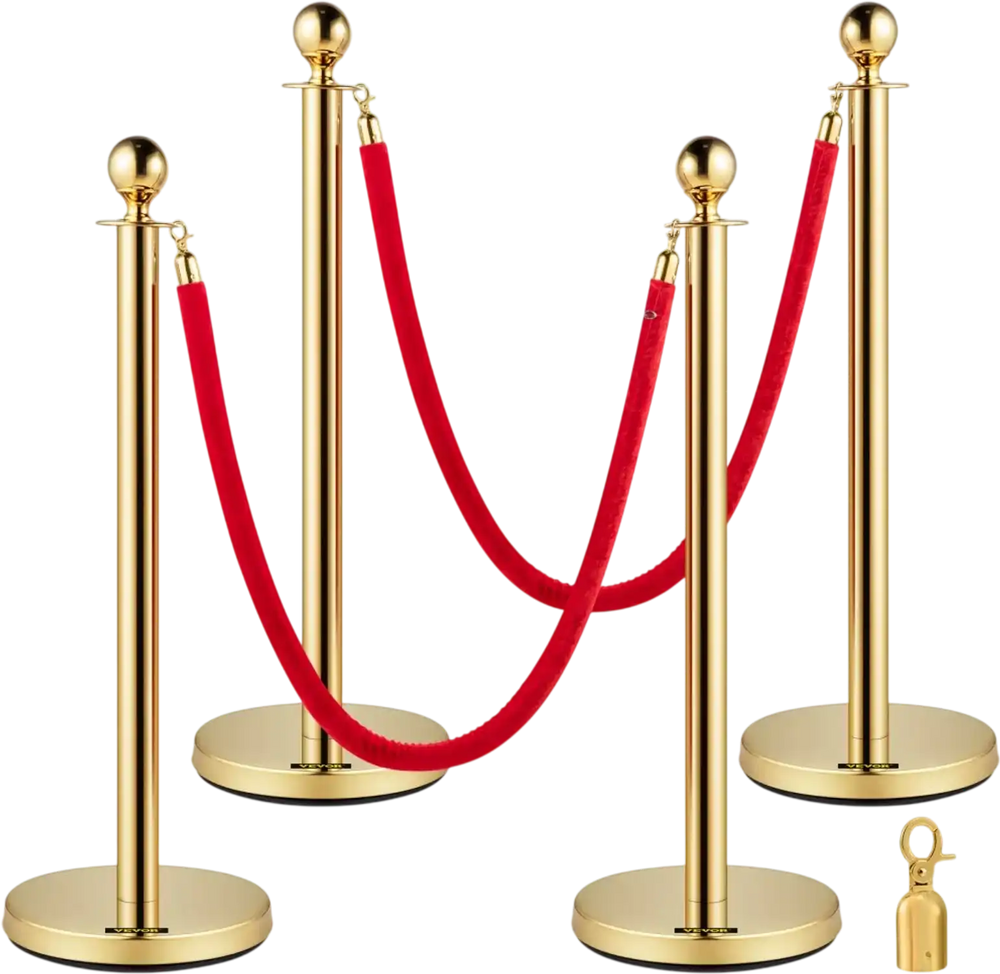 VEVOR Crowd Control Stanchion, Set of 4 Pieces Stanchion Set, Stanchion Set with 5 ft/1.5 m Red Velvet Rope, Crowd Control Barrier