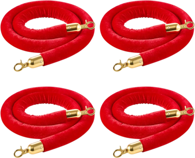 Vevor Stanchion Ropes 4-Pc Red Velvet 5' Crowd Control Barrier Set with Gold Hooks New