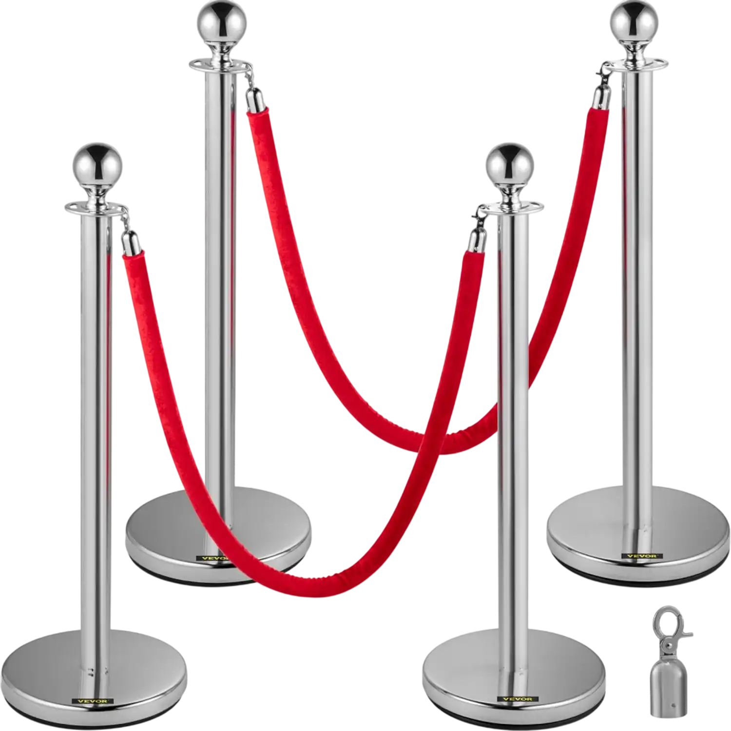 Vevor Crowd Control Stanchions 4-Pc Silver Posts with Red Velvet Ropes New