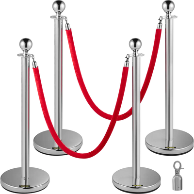 Vevor Crowd Control Stanchions 4-Pc Silver Posts with Red Velvet Ropes New