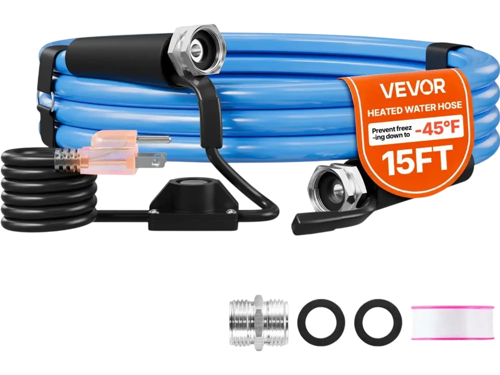 VEVOR 15FT Heated Water Hose for RV Antifreeze to -45°F Drinking Water Hose, 1/2" ID, Smooth Surface, Built-in Thermostat, Freeze & Leak-Proof, Lead and BPA Free, Fast Heating for RV Camping Garden