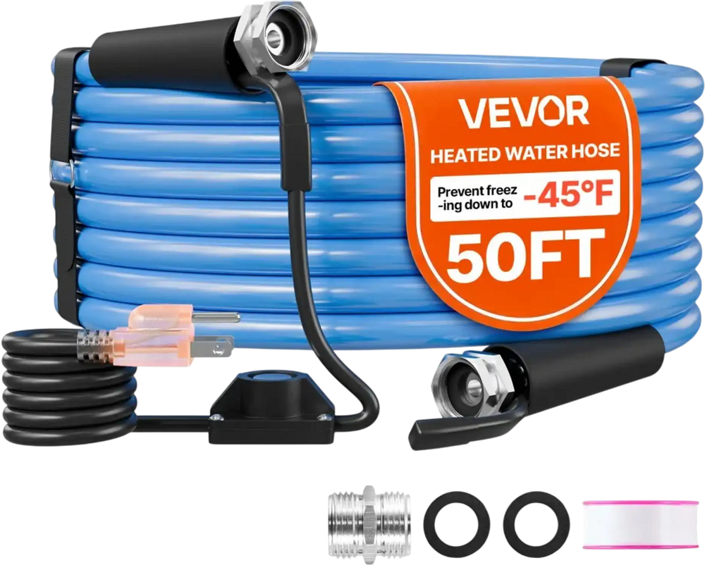 VEVOR 50FT Heated Water Hose for RV Antifreeze to -45°F Drinking Water Hose, 1/2" ID, Smooth Surface, Built-in Thermostat, Freeze & Leak-Proof, Lead and BPA Free, Fast Heating for RV Camping Garden