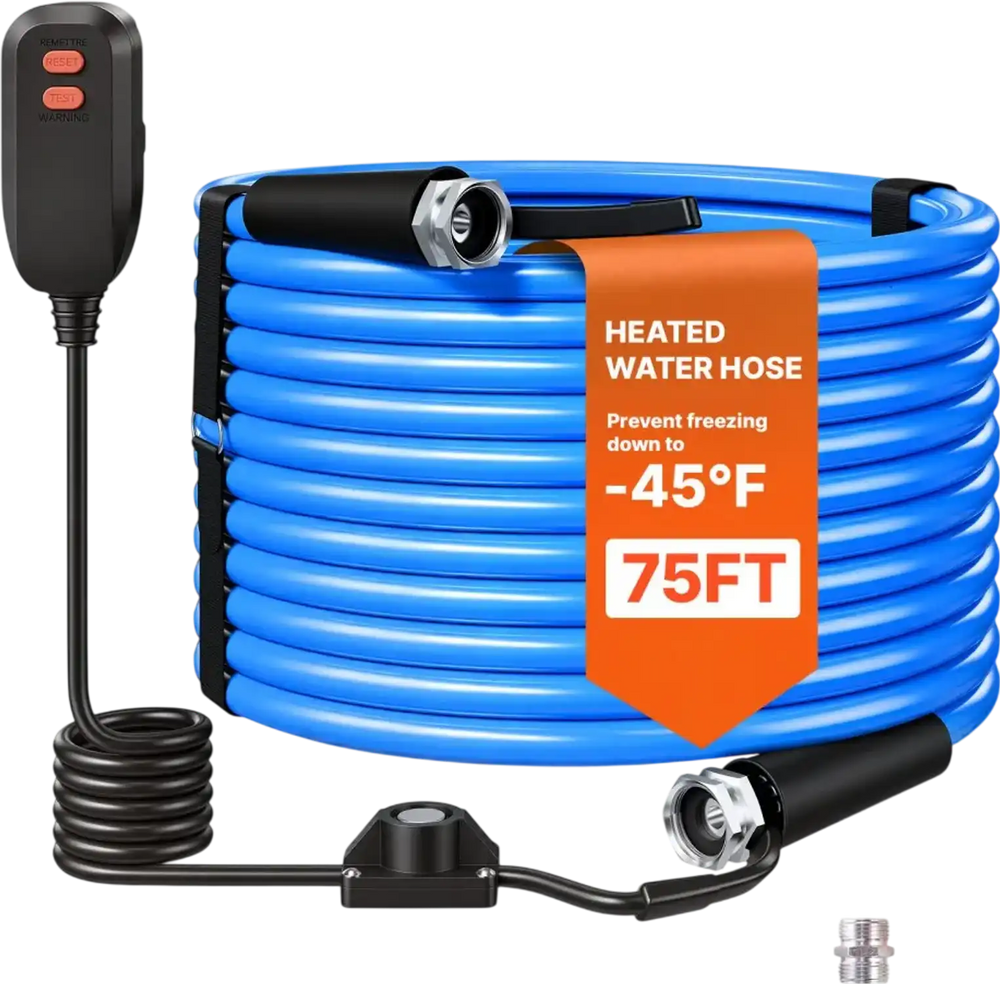 VEVOR 75FT Heated Water Hose for RV -45°F Anti Freeze Drinking Water Hose, 1/2" ID, Smooth Surface, with Leakage Protection GFCI, Built-in Thermostat, Freeze & Leak-Proof, Lead and BPA Free for RVs