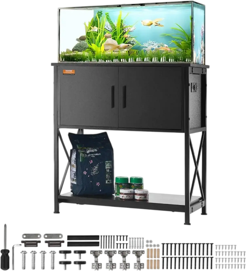 VEVOR Aquarium Stand, 29 Gallon Fish Tank Stand, 28.7 x 16.5 x 30 in Steel and MDF Turtle Tank Stand, 242.5 lbs Load Capacity, Reptile Tank Stand with Storage Cabinet and Embedded Power Panel, Black