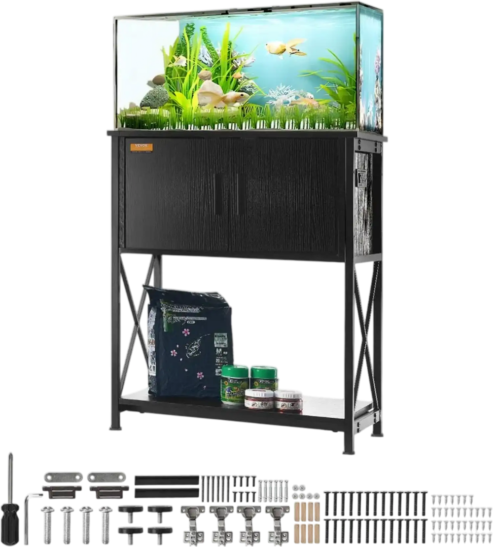 VEVOR Aquarium Stand, 20 Gallon Fish Tank Stand, 25.6 x 16.5 x 31.9 in Steel and MDF Turtle Tank Stand, 167.6 lbs Load Capacity, Reptile Tank Stand with Storage Cabinet and Embedded Power Panel, Black