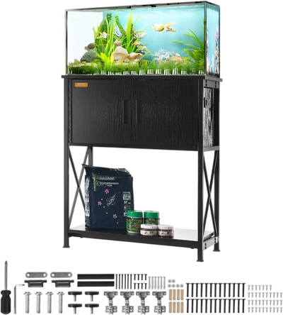 VEVOR Aquarium Stand, 20 Gallon Fish Tank Stand, 25.6 x 16.5 x 31.9 in Steel and MDF Turtle Tank Stand, 167.6 lbs Load Capacity, Reptile Tank Stand with Storage Cabinet and Embedded Power Panel, Black