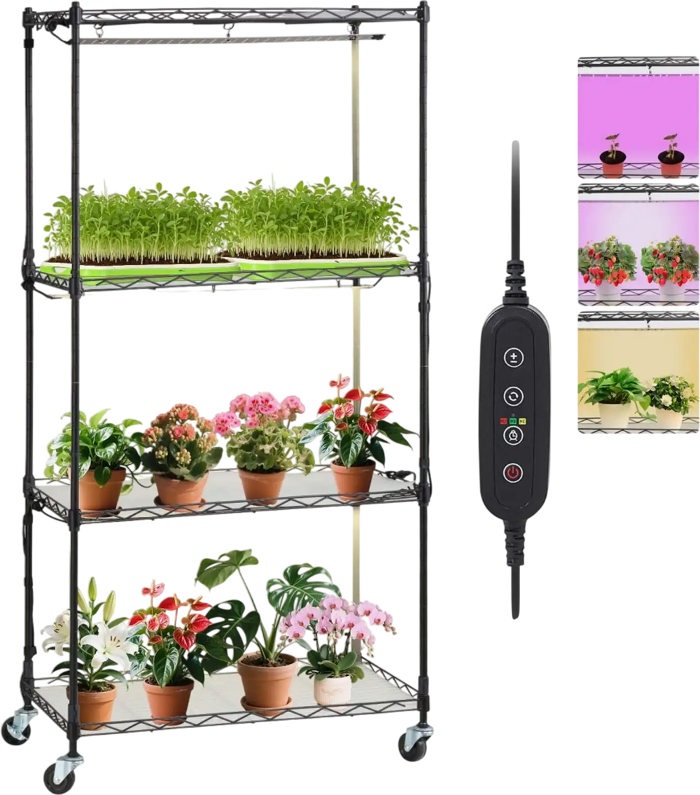VEVOR Plant Stand with Grow Light, 4-Tier Plant Shelf with 45W Full Spectrum Grow Light, 3 Mode Plant Light with Timer and Wheel for Seed Starting, Metal Grow Light Shelf for Indoor Plants