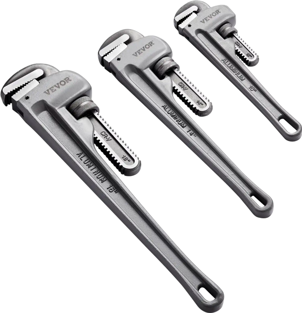 VEVOR 3-Piece Pipe Wrench Set, 10" 14" 18" Aluminum Straight Pipe Wrench, Adjustable Plumbing Wrench, with High Strength Jaw and Ergonomic Handle, Hangable Design, for Water Pipes, Automotive Repairs