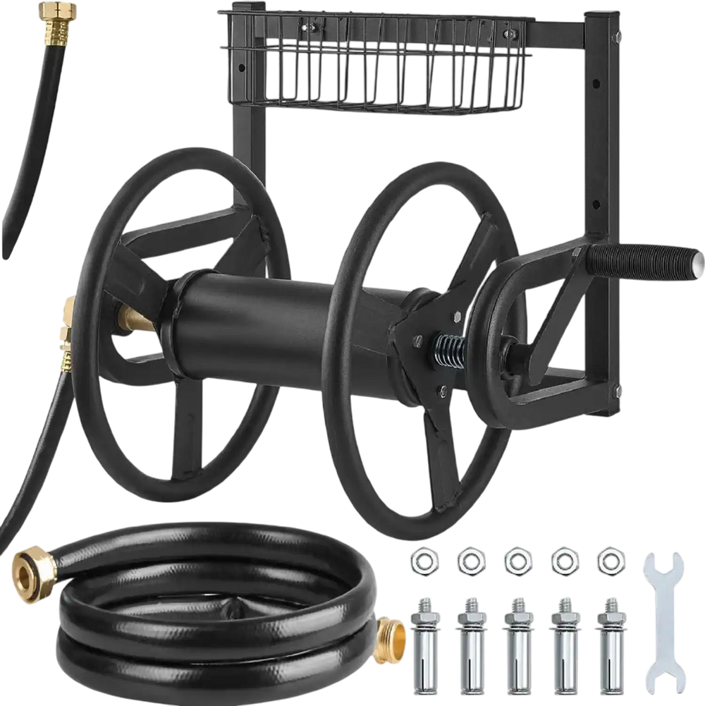 VEVOR Wall Mounted Garden Hose Reel, Holds 125 ft 5/8-inch Hose, Heavy-Duty Water Hose Winder, Space-Saving Design, Outdoor Manual Reel with Brass Fitting and Storage Basket for Yard Lawn