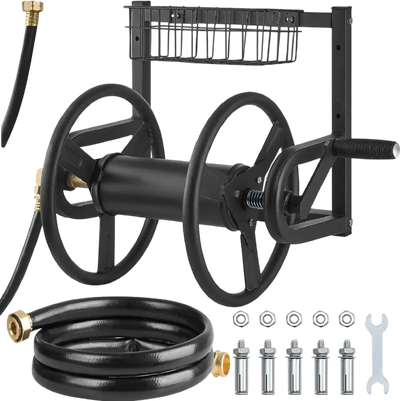 VEVOR Wall Mounted Garden Hose Reel, Holds 125 ft 5/8-inch Hose, Heavy-Duty Water Hose Winder, Space-Saving Design, Outdoor Manual Reel with Brass Fitting and Storage Basket for Yard Lawn