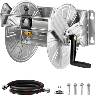 VEVOR Wall Mounted Garden Hose Reel, Holds 150 ft 5/8-inch Water Hose Winder, Heavy-Duty Stainless Steel, Outdoor Manual Reel with Brass Fitting & Hose Guide, Space Saving, for Yard Lawn Garage