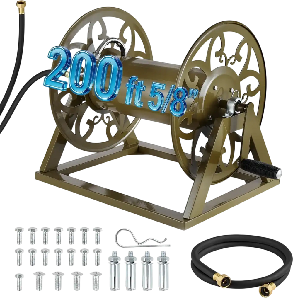 VEVOR Wall Mounted Garden Hose Reel, Holds 200 Feet of 5/8-inch Hose, Outdoor Heavy-Duty Waterhose Holder Winder, with Brass Connector, Decorative Pattern, Bronze Finish, for Backyards and Gardens