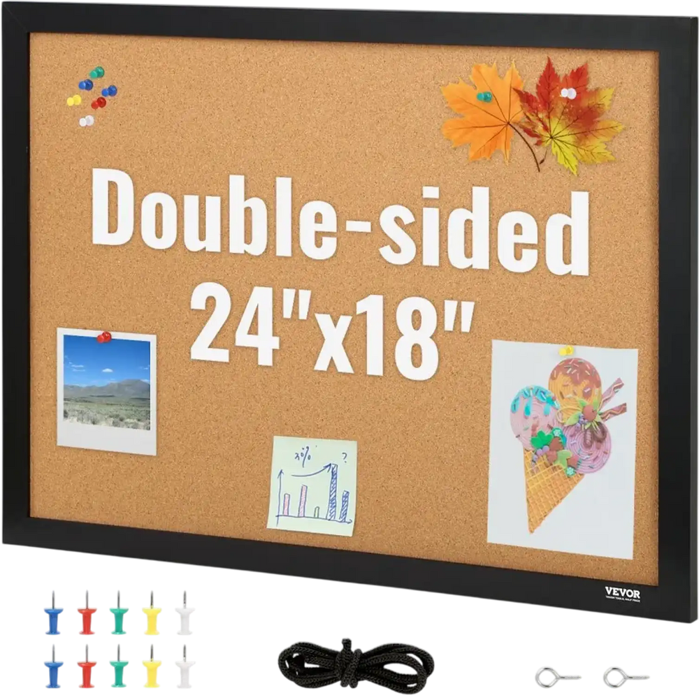 VEVOR Cork Board, 24 x 18 inches, Double-sided Bulletin Board with MDF Sticker Frame, Vision Board Includes 10 Pushpins, for Display and Decoration in Office Home and School