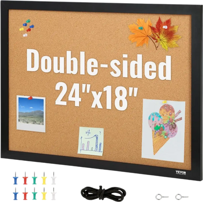 VEVOR Cork Board, 24 x 18 inches, Double-sided Bulletin Board with MDF Sticker Frame, Vision Board Includes 10 Pushpins, for Display and Decoration in Office Home and School