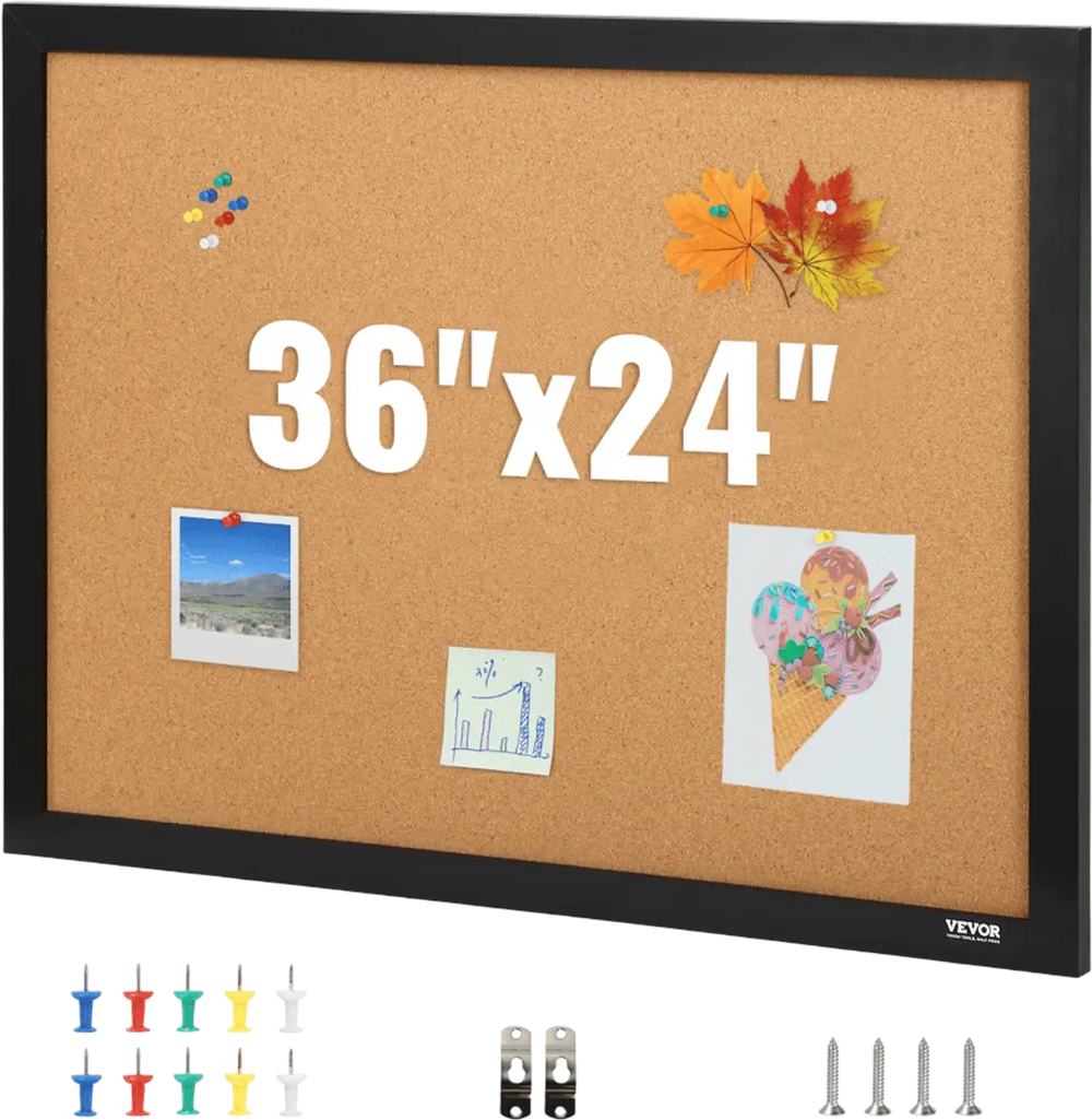 VEVOR Cork Board, 36x24 inches Bulletin Board with MDF Sticker Frame, Vision Board Includes 10 Pushpins, for Display and Decoration in Office Home and School