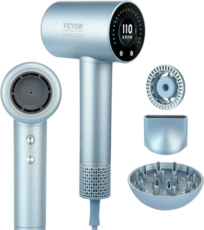 VEVOR High-Speed Hair Dryer with 105,000RPM Brushless Motor, 200 Million Negative Ions Hair Blow Dryer, 4 Temps & 3 Speeds, LCD Display Thermo-Control Hairdryer with Diffuser & Nozzle for Home Travel