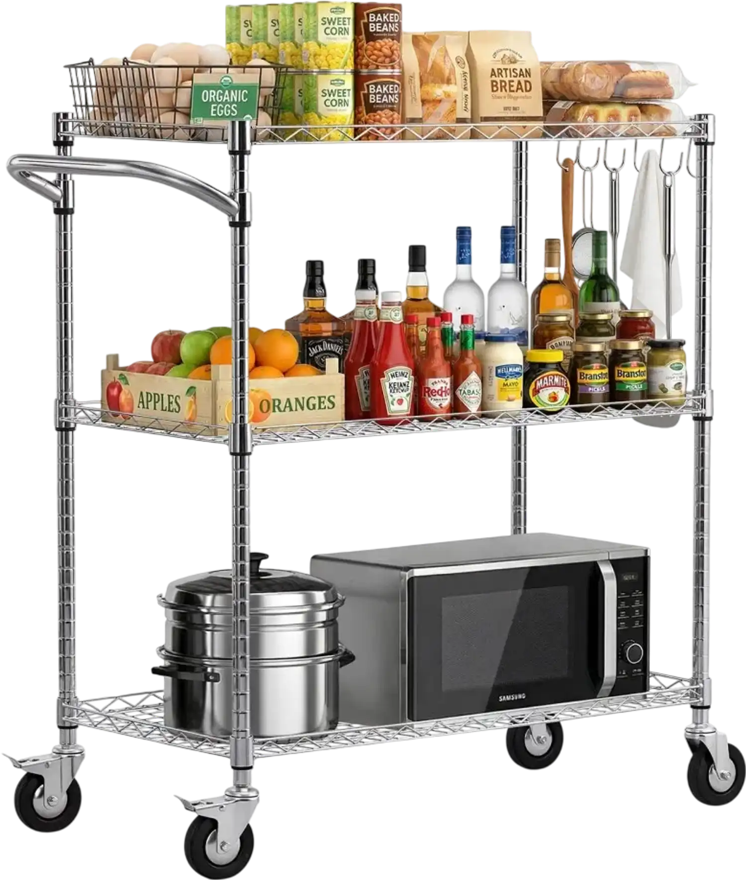 Vevor Utility Cart 3-Tier Heavy-Duty Adjustable Wire Storage Rack Rolling Service Trolley 35 x 17.8 x 40.9