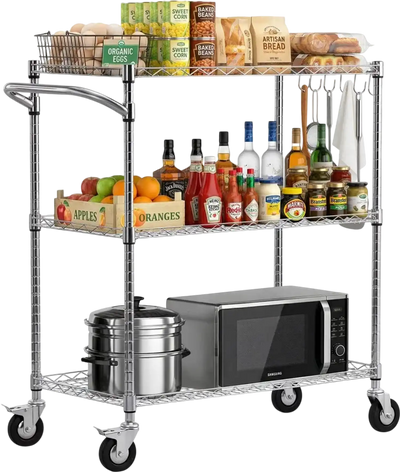 VEVOR Kitchen Utility Cart, 3 Tier Heavy Duty Adjustable Wire Storage Rack, Commercial Steel Rolling Service Trolley on Wheels, Work Table with Handle Bar, for Garage and Laundry Room, 35x17.8x40.9 in