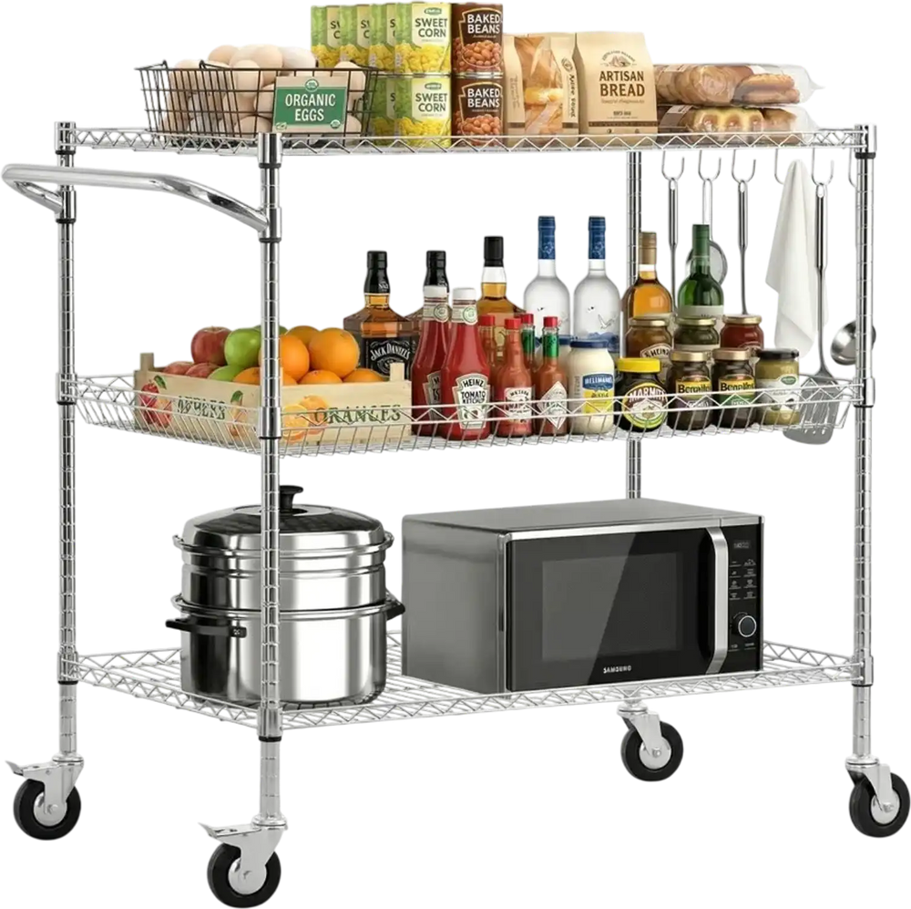VEVOR Kitchen Utility Cart, 3 Tier Heavy Duty Adjustable Wire Storage Rack, Commercial Steel Rolling Service Trolley on Wheels, Work Table with Handle Bar, for Garage and Laundry Room, 40x25x40.9 in