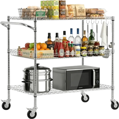 VEVOR Kitchen Utility Cart, 3 Tier Heavy Duty Adjustable Wire Storage Rack, Commercial Steel Rolling Service Trolley on Wheels, Work Table with Handle Bar, for Garage and Laundry Room, 40x25x40.9 in