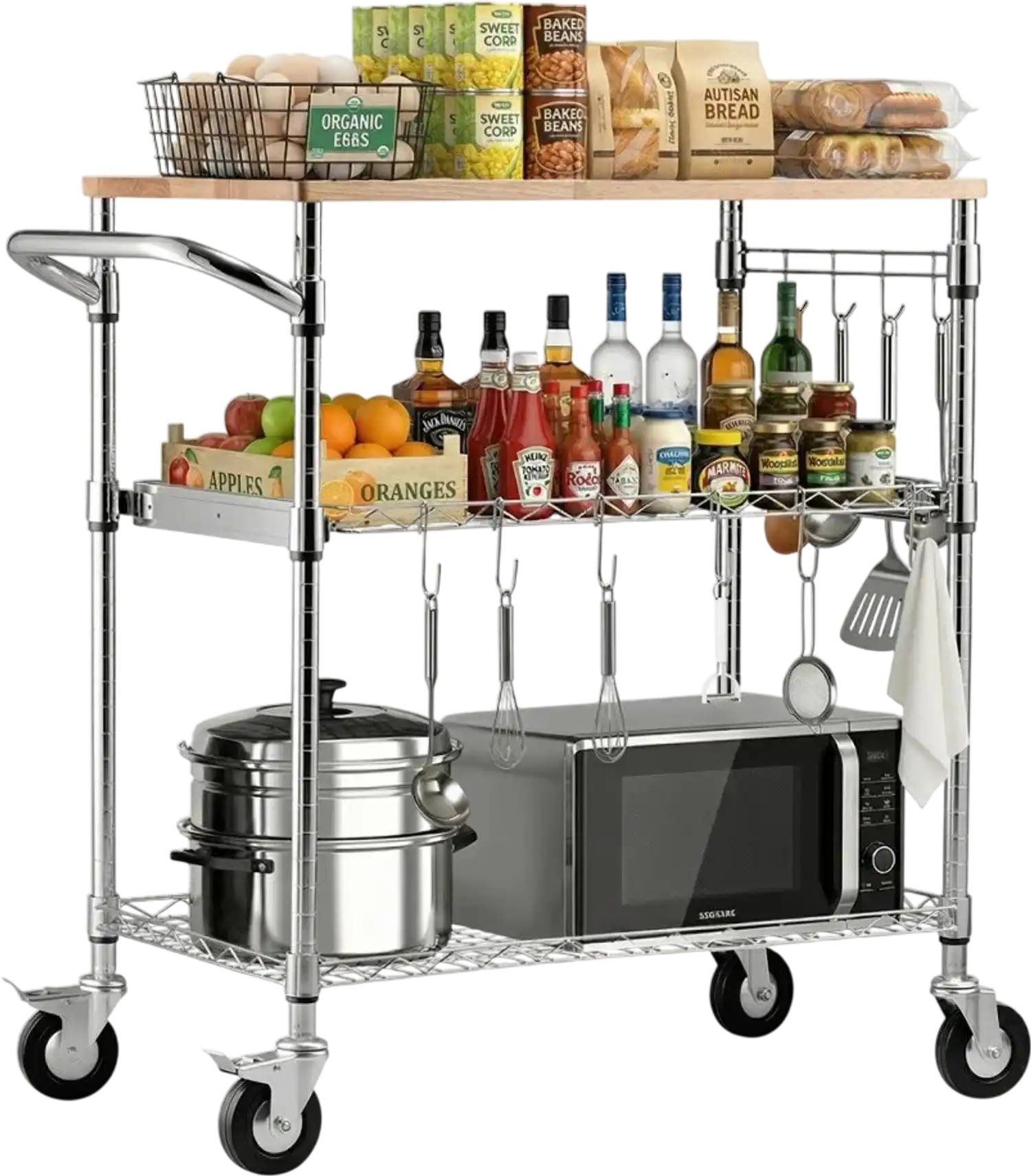 Vevor Kitchen Utility Cart 3-Tier Rolling Storage Rack with Wood Tabletop 30x18x36