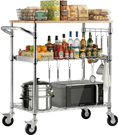 VEVOR Kitchen Utility Cart, 3 Tier Heavy Duty Adjustable Wire Storage Rack with Wood Tabletop and Handle Bar, Rolling Portable Service Trolley on Wheels, 661 lbs Steel Work Table, 30x18x36 in