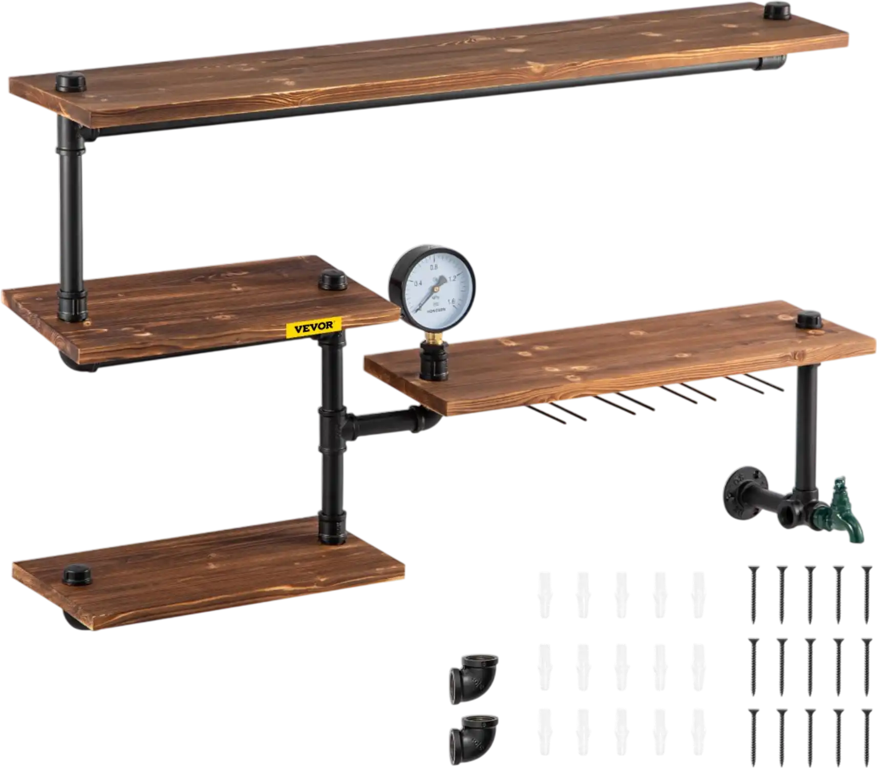 Vevor Pipe Shelves Industrial Wall-Mounted 4-Tier Solid Wood Planks Brown New
