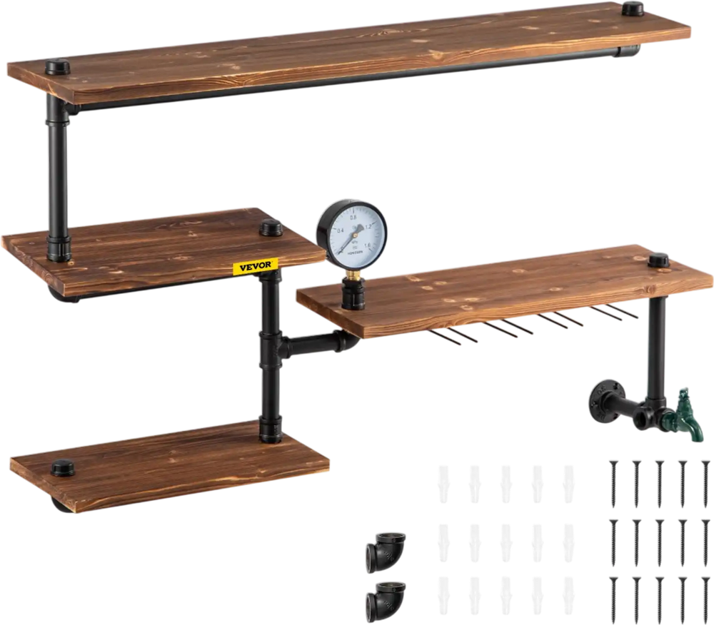 VEVOR Pipe Shelving, Industrial Floating Shelves with 4-Tier Solid Wood Planks, Modern Rustic Floating Shelves Wall Mounted, DIY Storage Bracket for Bookshelf, Kitchen, Bathroom, Home Decor, Brown