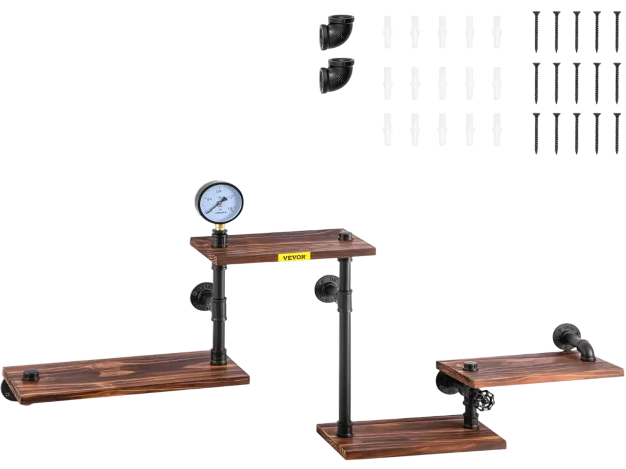 Vevor Pipe Shelving Industrial Wall-Mounted 4-Tier Wood Planks Black New