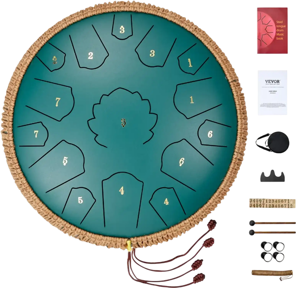 VEVOR Steel Tongue Drum, 14 in & 15 Notes, Rain Drum for Outside Garden, D Major Key, Tank Drum with 2 Mallets & Carry Bag, Hand Pan Drum Percussion Instrument for Musical Education Yoga, Green