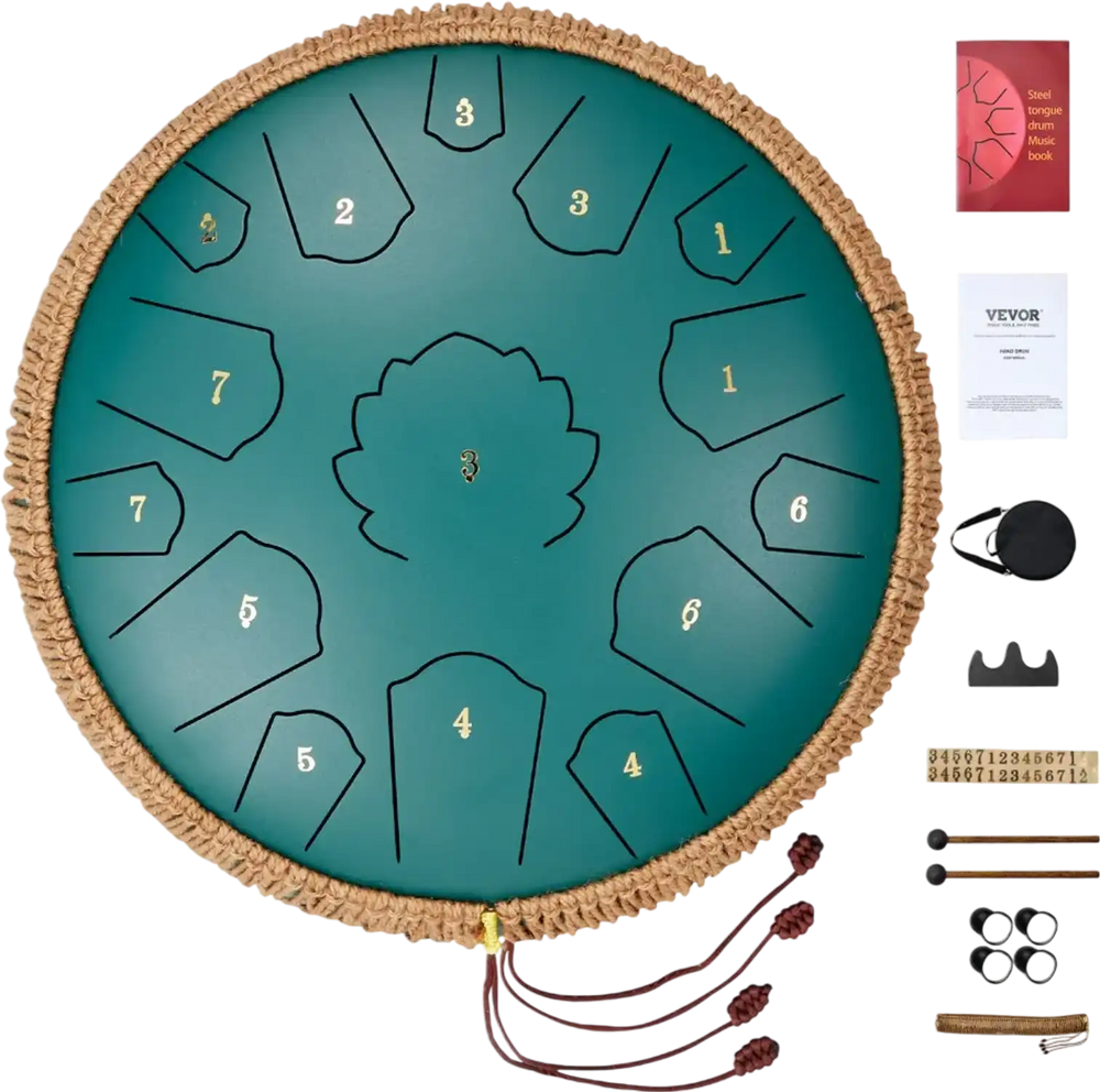VEVOR Steel Tongue Drum, 14 in & 15 Notes, Rain Drum for Outside Garden, C Major Key, Tank Drum with 2 Mallets & Carry Bag, Hand Pan Drum Percussion Instrument for Musical Education Yoga, Green
