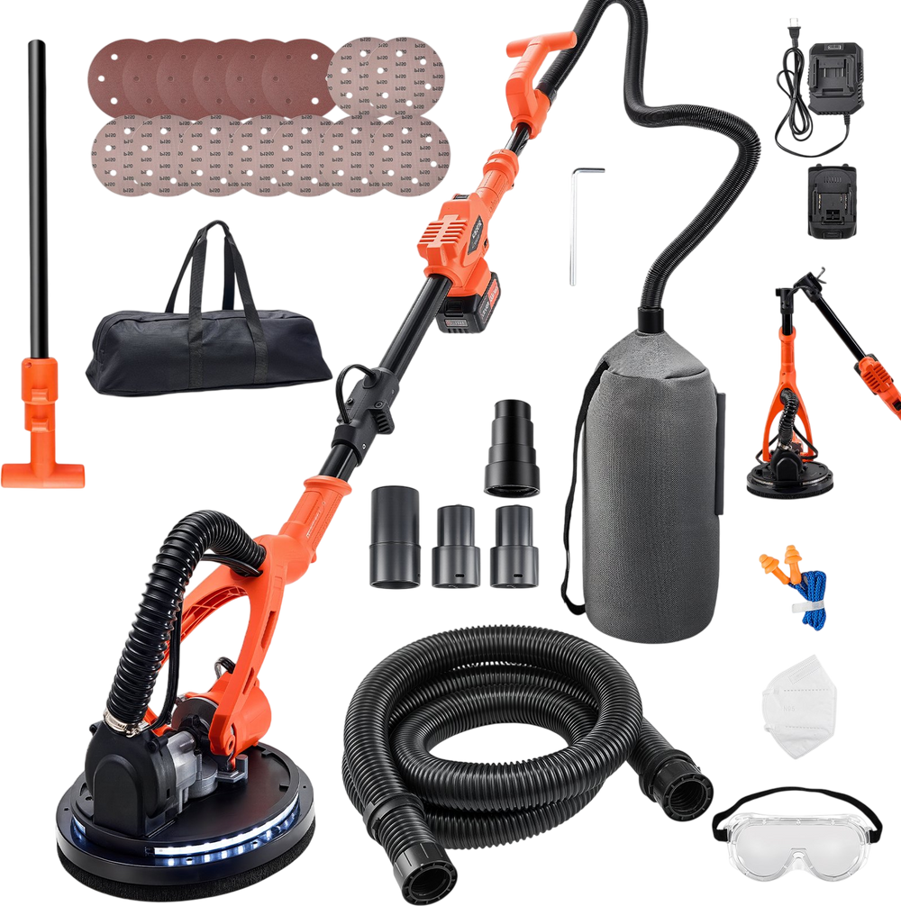 VEVOR Cordless Drywall Sander, 450W Electric Sander, Popcorn Ceiling Removal Tool with Vacuum Dust Collection, 7 Variable Speed 0-1600 RPM, LED Light, Foldable & Extendable Handle, 15 Sanding Discs