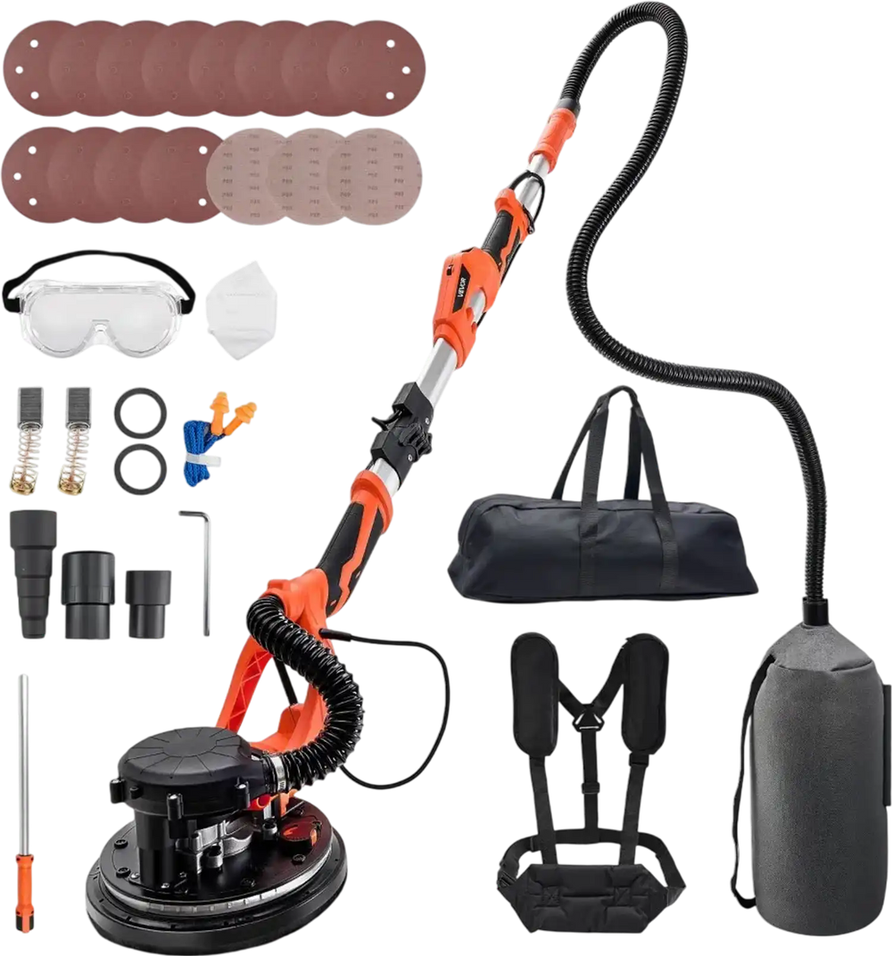 VEVOR Drywall Sander, 1150W Electric Drywall Sander, Popcorn Ceiling Removal Tool with Vacuum Dust Collection, 5 Variable Speed 800-1700 RPM, LED Light, Foldable & Extendable Handle, 15 Sanding Discs
