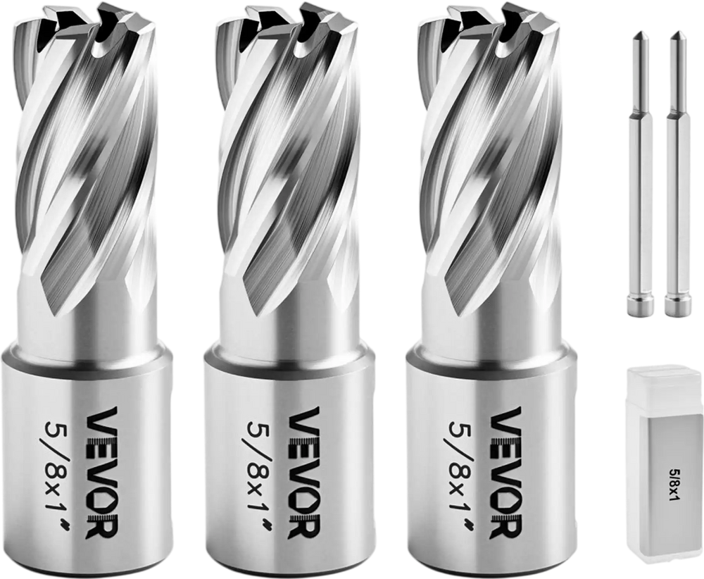 VEVOR Annular Cutter Set, 5 pcs Weldon Shank Mag Drill Bits Kit, 1" Cutting Depth, 5/8" Cutting Diameter, HSS, 3 Drill Bits with 2 Pilot Pins and 3 Plastic Cases, for Magnetic Drills, Steel, Aluminum