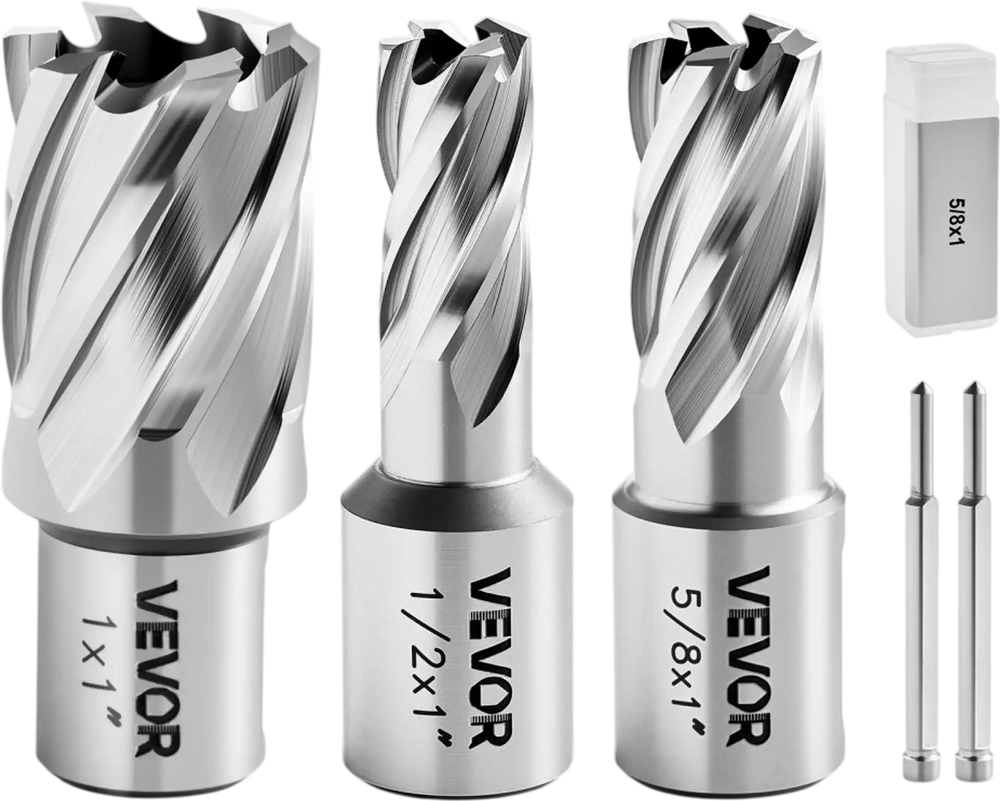 VEVOR Annular Cutter Set, 5 pcs Weldon Shank Mag Drill Bits Kit, 1" Cutting Depth, 1/2", 5/8", 1" Cutting Diameter, HSS, 3 Drill Bits with 2 Pilot Pins and 3 Plastic Cases, for Magnetic Drills, Steel