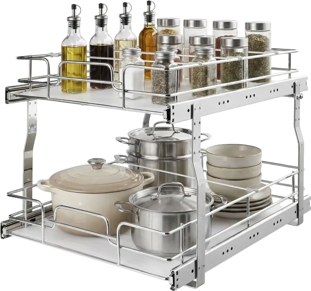 VEVOR 2 Tier Pull Out Cabinet Organizer 16.97"W x 21.22"D Slide Out Drawers, for Kitchen Bathroom Pantry Organization, Chrome-Plated Finish, Heavy Duty Steel Storage Sliding Shelves for Base Cabinets