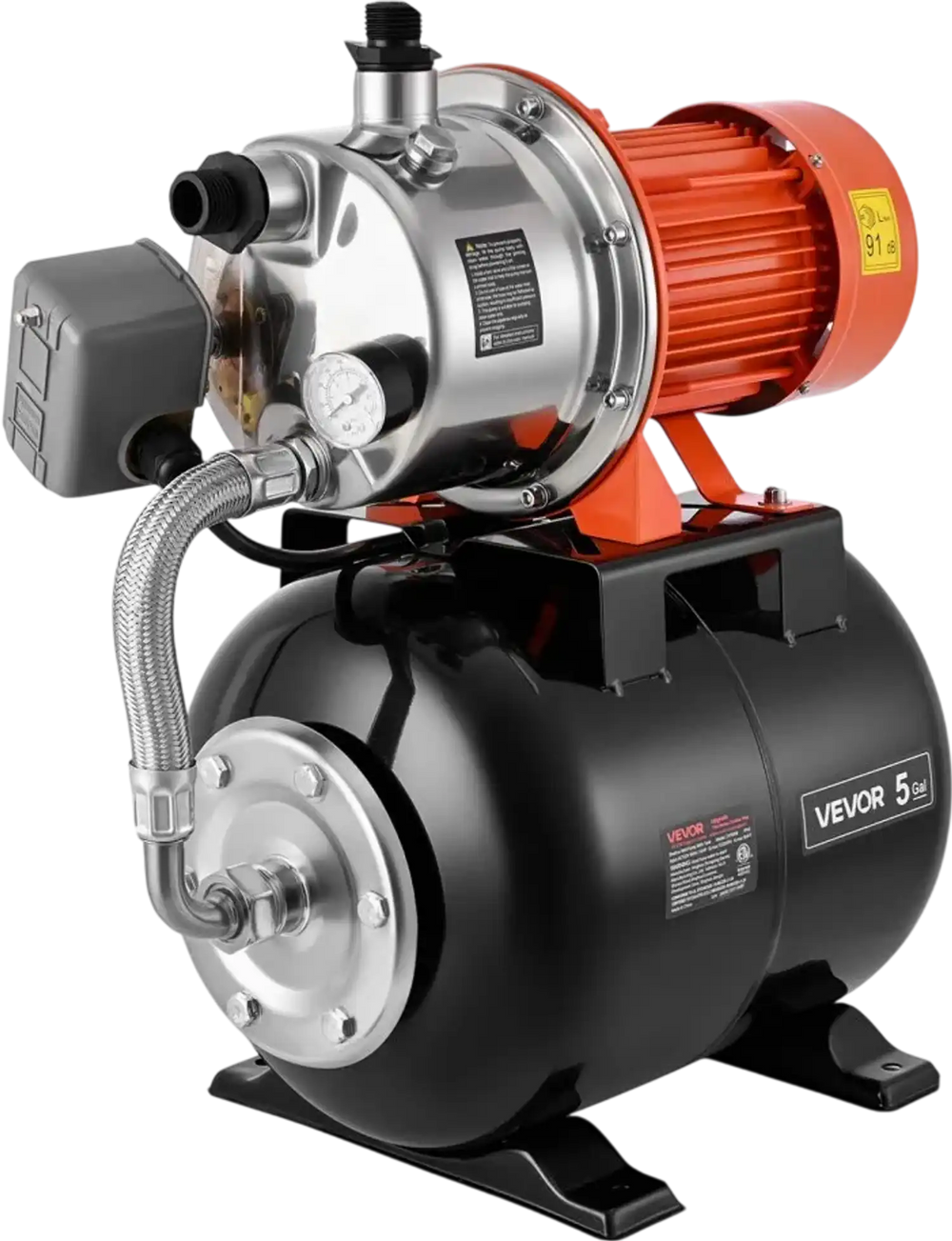 VEVOR 1.6 HP Shallow Well Pump with Pressure Tank, 120V 1320 GPH, Stainless Steel Irrigation Jet Pump with 5-Gal Tank, Automatic Water Booster System, 20/40 PSI Pressure Switch, for Home Garden Lawn