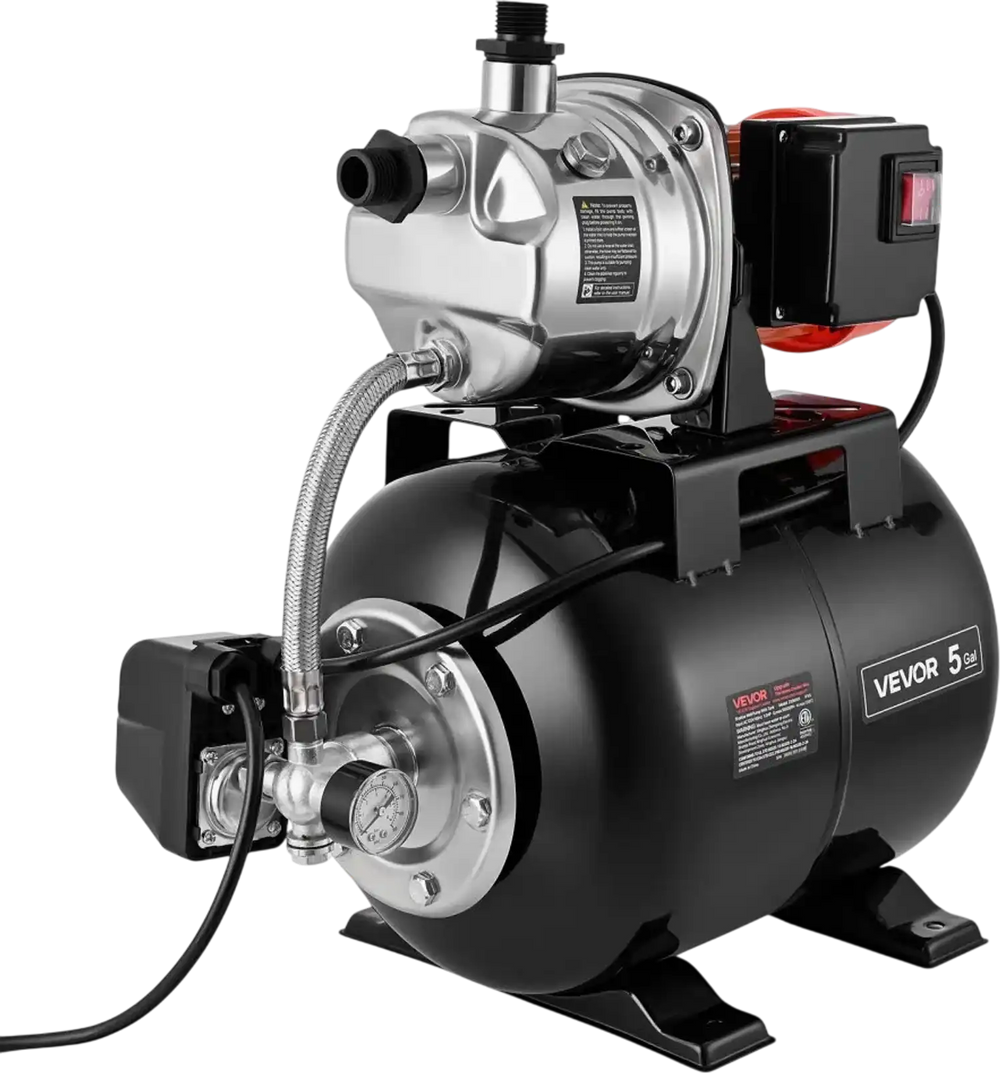 VEVOR 1 HP Shallow Well Pump with Pressure Tank, 120V 1000 GPH, Stainless Steel Irrigation Jet Pump with 5-Gal Tank, Automatic Water Booster System, 20/40 PSI Pressure Switch, for Home Garden Lawn