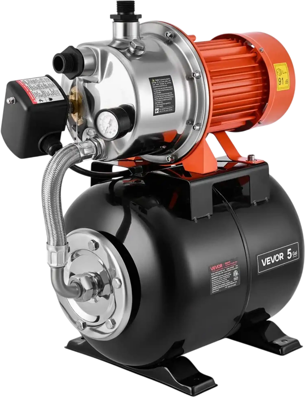 VEVOR 1.6 HP Shallow Well Pump with Pressure Tank, 120V 1320 GPH, Stainless Steel Irrigation Jet Pump with 5-Gal Pressure Tank, Automatic Water Booster System, for Home Garden Lawn, Potable Water