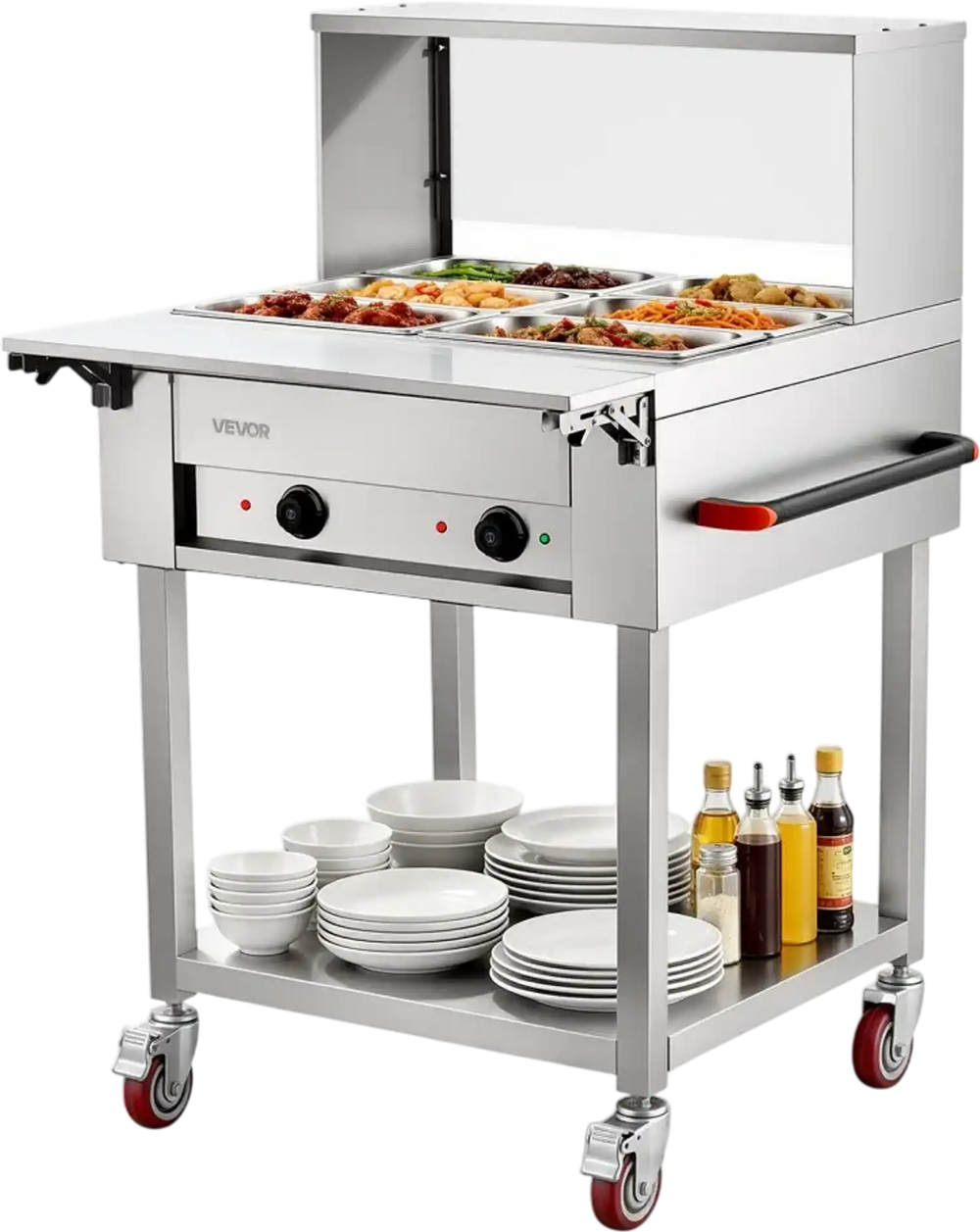 VEVOR Commercial Food Warmer 6 x 1/3 Pans Electric Tube Heating Table 1000W, for Buffet Restaurant Catering, Stainless Steel Server with Folding Board, Undershelf, Rolling Stand, and Temp Control