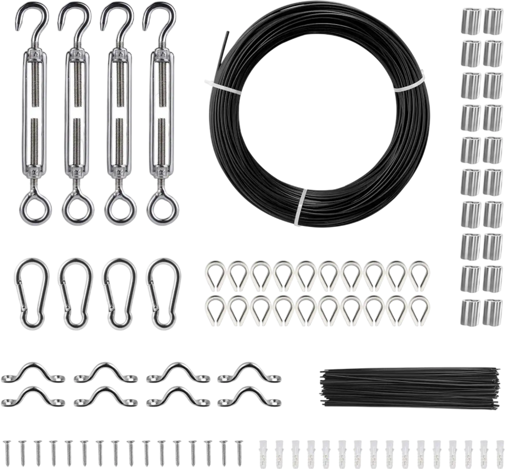 VEVOR Vinyl Coated Wire Rope Kit, 3/32 Cable Through 1/16 Diameter Stainless Steel, 7x7 Strands Construction with 189 Accessories for String Lights, Clothesline, Vine, 164 ft Black