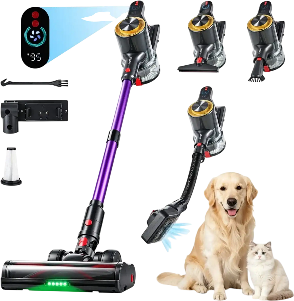 VEVOR Cordless Vacuum Cleaner 500W 50kPA Cordless Stick Vacuum Cleaner, For Home Hard Floor Carpet Pet Hair, 45-Min Runtime, Rechargeable, Lightweight Handheld, with LED Display, 5 Brush Heads
