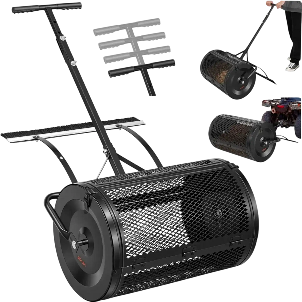 VEVOR Compost Spreader, 24" Wide Peat Moss Spreader with Push/Tow Handle & Brush, 4 Heights Adjustable, Powder-Coated Steel Garden Peat Moss Roller, Heavy Duty Grass Seed Roller for Planting Seeding